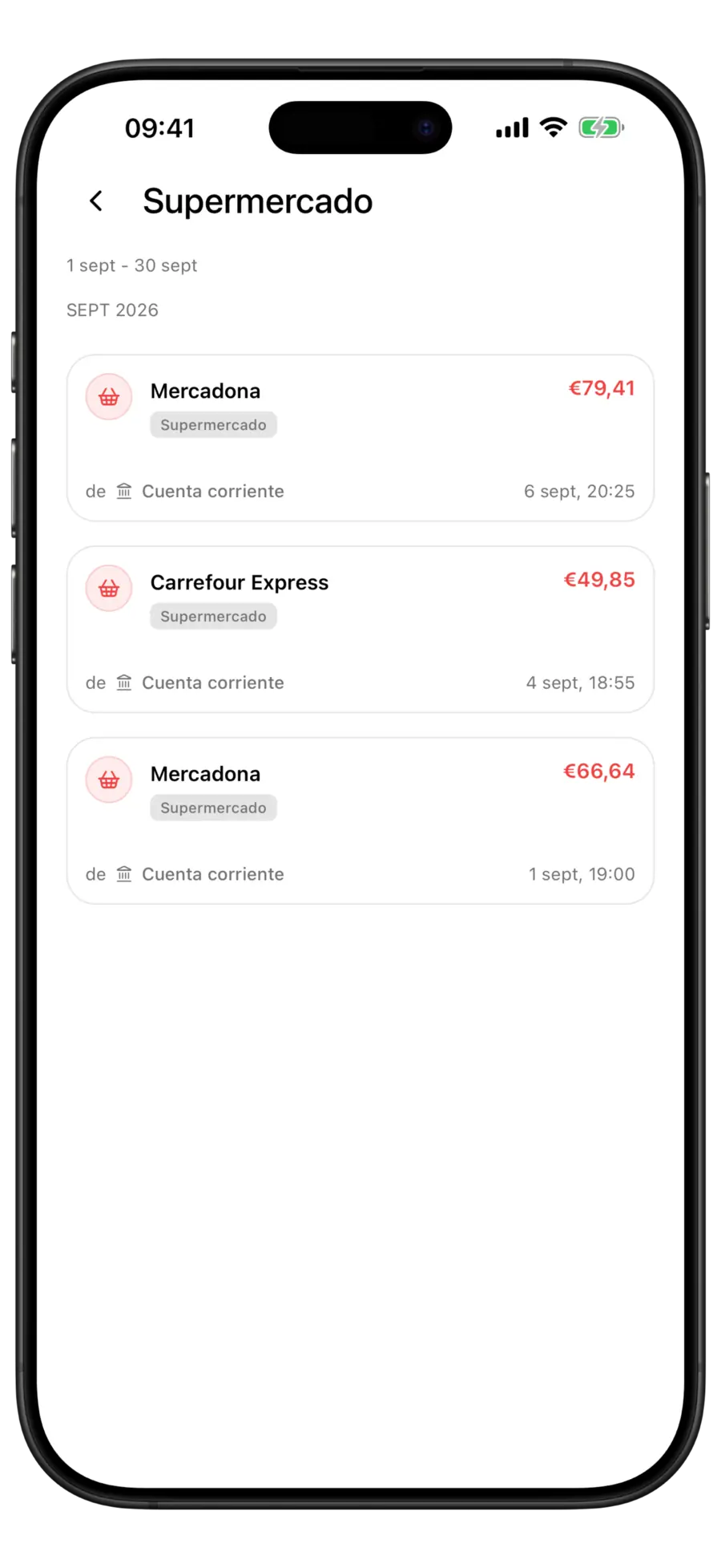 Lista de transacciones de Budgie para una sola categoría de gasto, con el rango de fechas del periodo sobre las filas agrupadas por mes