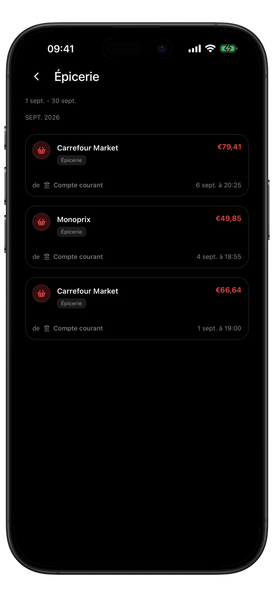 Liste des transactions Budgie pour une seule catégorie de dépenses, avec la plage de dates de la période au-dessus des lignes groupées par mois