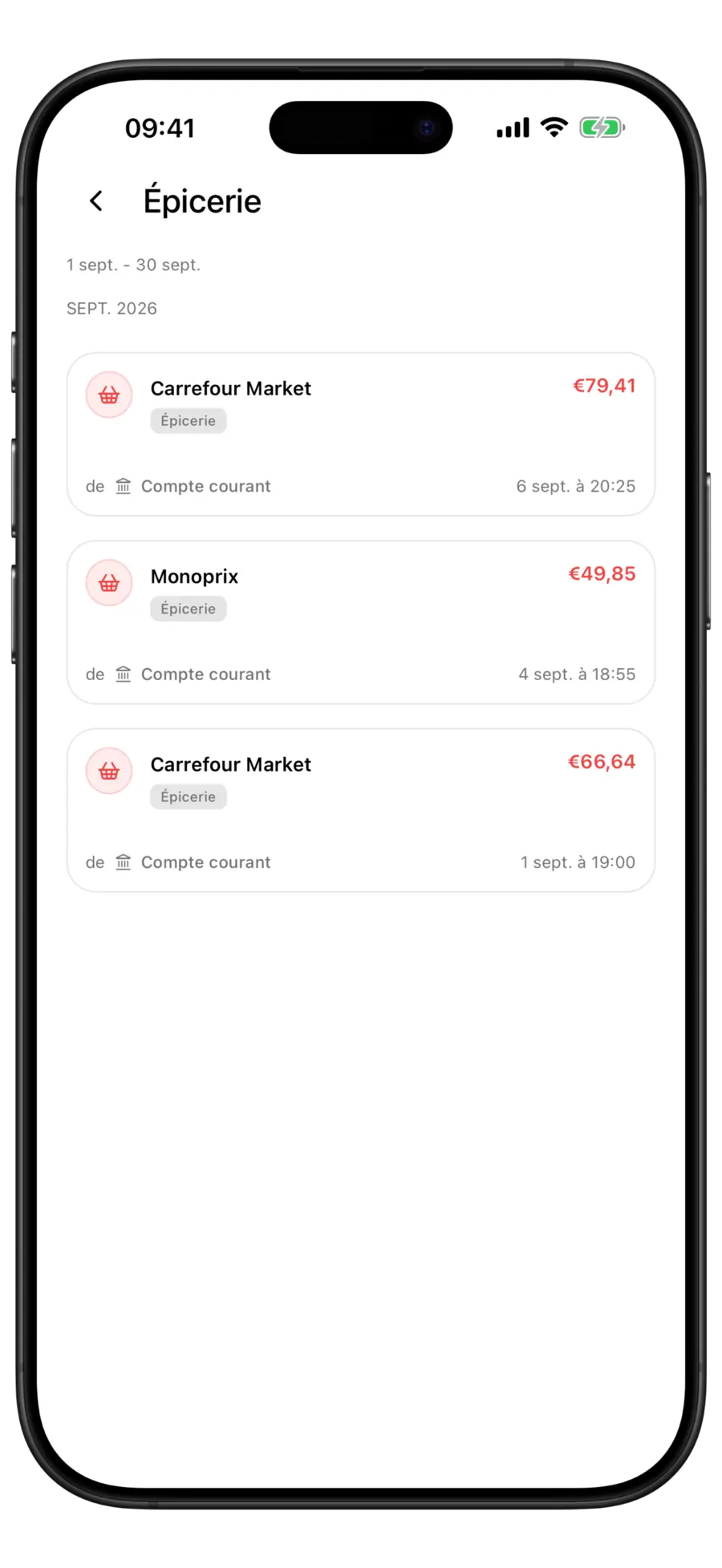 Liste des transactions Budgie pour une seule catégorie de dépenses, avec la plage de dates de la période au-dessus des lignes groupées par mois
