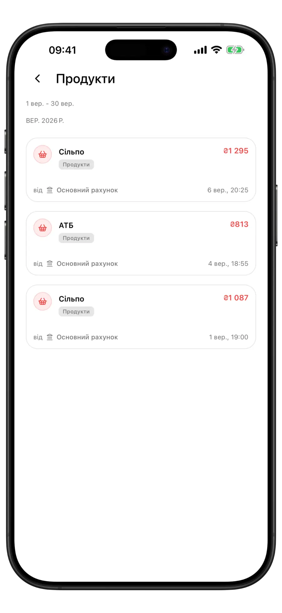 Список транзакцій Budgie для однієї категорії витрат із діапазоном дат періоду над рядками, згрупованими за місяцями