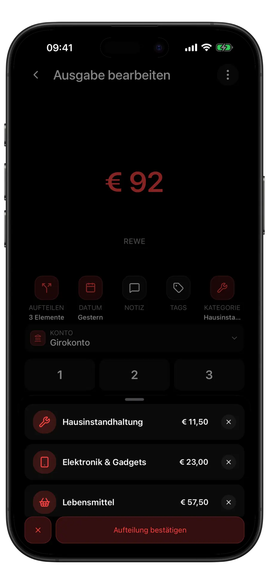 Budgie-Ausgaben-Editor mit einer Transaktion über 100 $ von Whole Foods Market, aufgeteilt in die Zeilen Hauswartung, Elektronik & Gadgets und Lebensmittel
