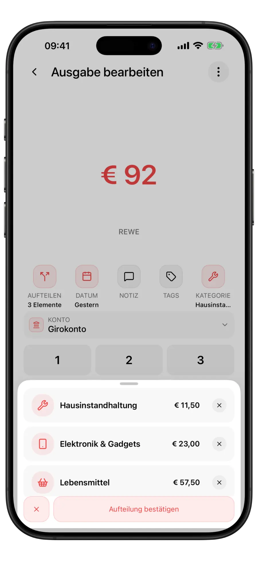 Budgie-Ausgaben-Editor mit einer Transaktion über 100 $ von Whole Foods Market, aufgeteilt in die Zeilen Hauswartung, Elektronik & Gadgets und Lebensmittel