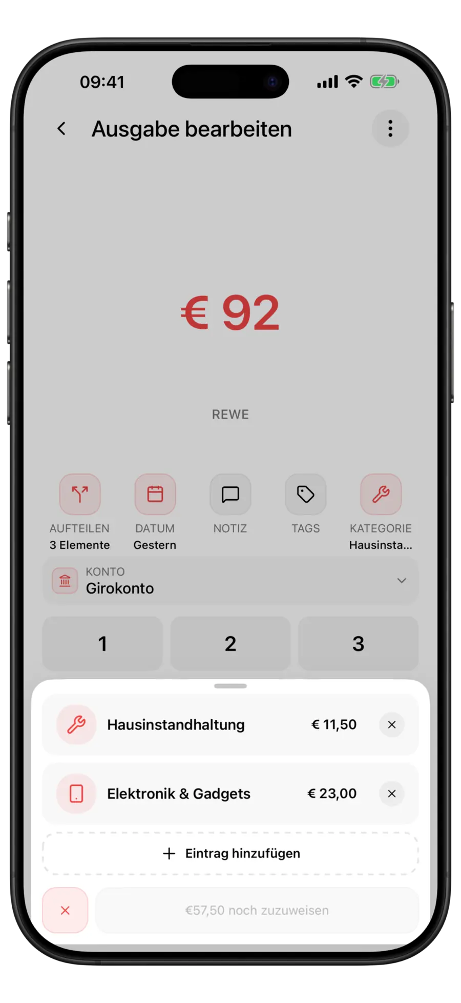 Budgie-Aufteilungsblatt mit den Zeilen Hauswartung und Elektronik & Gadgets, einer Schaltfläche „Eintrag hinzufügen“ und dem Hinweis 62,50 $ noch zuzuordnen