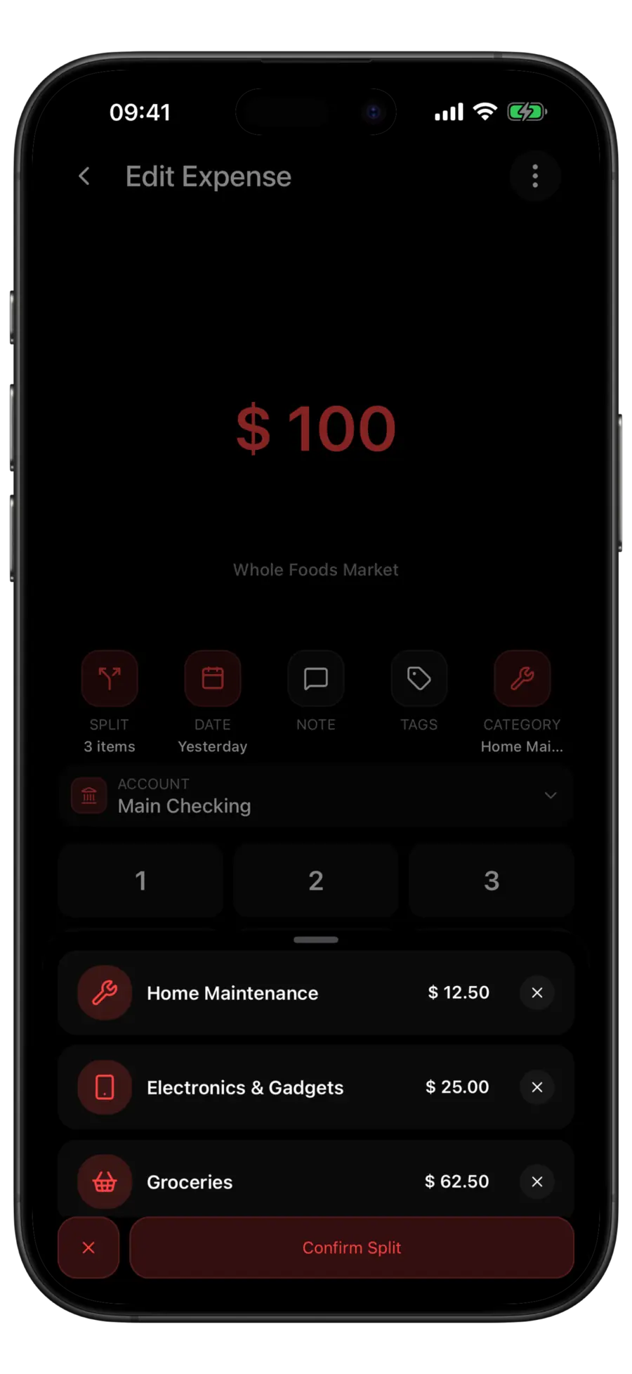 Budgie expense editor showing a $100 Whole Foods Market transaction split into Home Maintenance, Electronics & Gadgets and Groceries rows