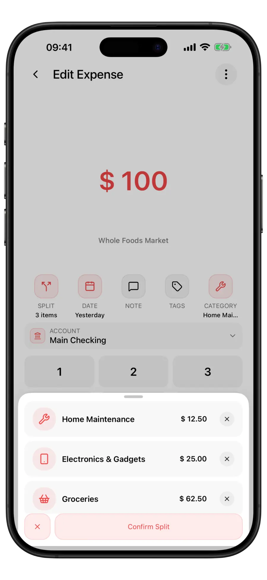 Budgie expense editor showing a $100 Whole Foods Market transaction split into Home Maintenance, Electronics & Gadgets and Groceries rows