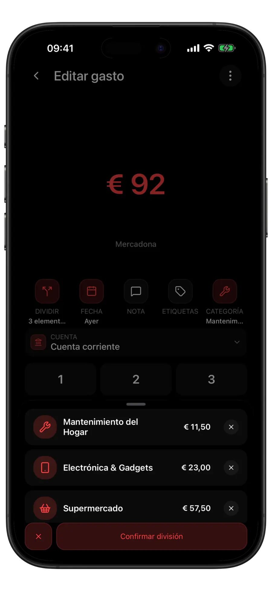 Editor de gastos de Budgie con una transacción de 100 $ de Whole Foods Market dividida en las filas «Mantenimiento del hogar», «Electrónica y gadgets» y «Supermercado»