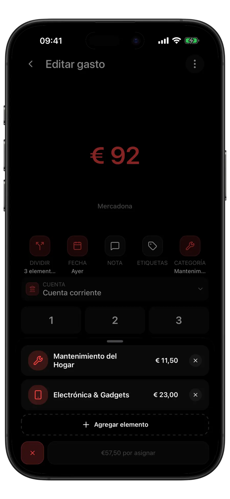 Hoja de división de Budgie con las filas «Mantenimiento del hogar» y «Electrónica y gadgets», un botón Añadir elemento y una etiqueta que indica que quedan 62,50 $ por asignar