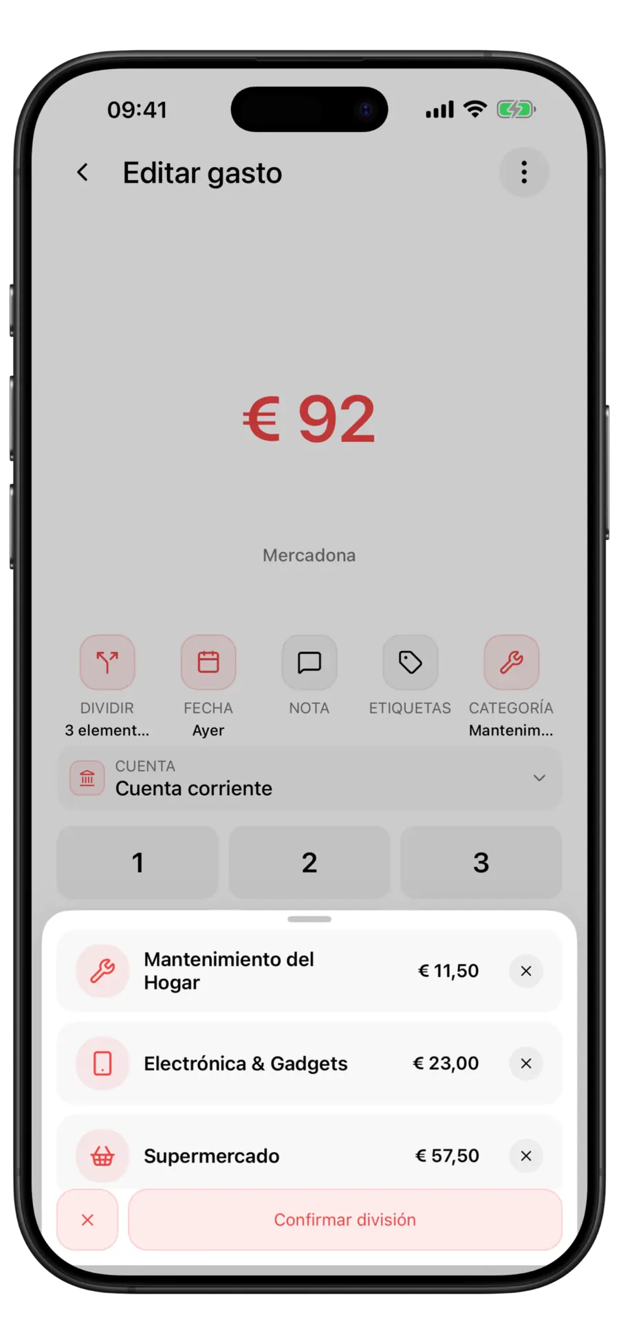Editor de gastos de Budgie con una transacción de 100 $ de Whole Foods Market dividida en las filas «Mantenimiento del hogar», «Electrónica y gadgets» y «Supermercado»