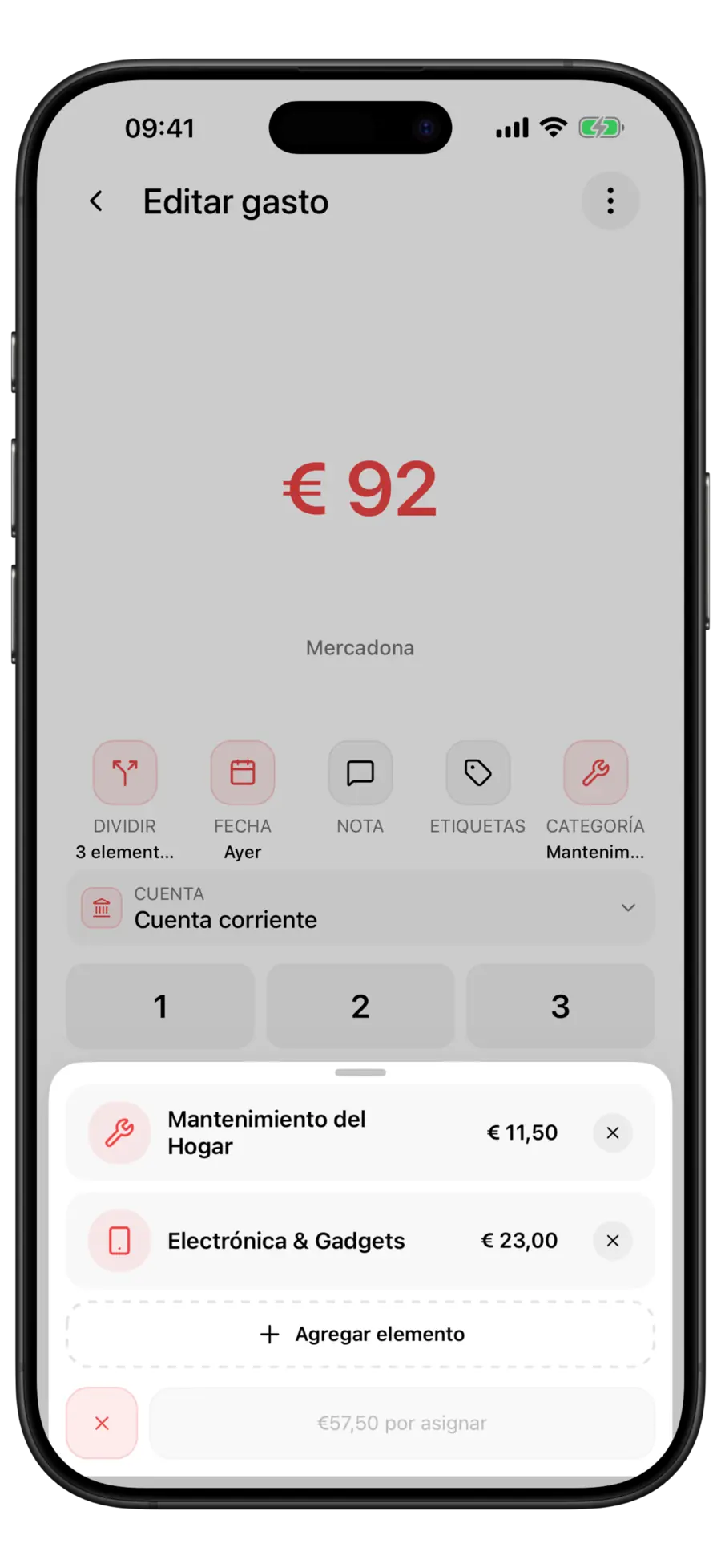 Hoja de división de Budgie con las filas «Mantenimiento del hogar» y «Electrónica y gadgets», un botón Añadir elemento y una etiqueta que indica que quedan 62,50 $ por asignar