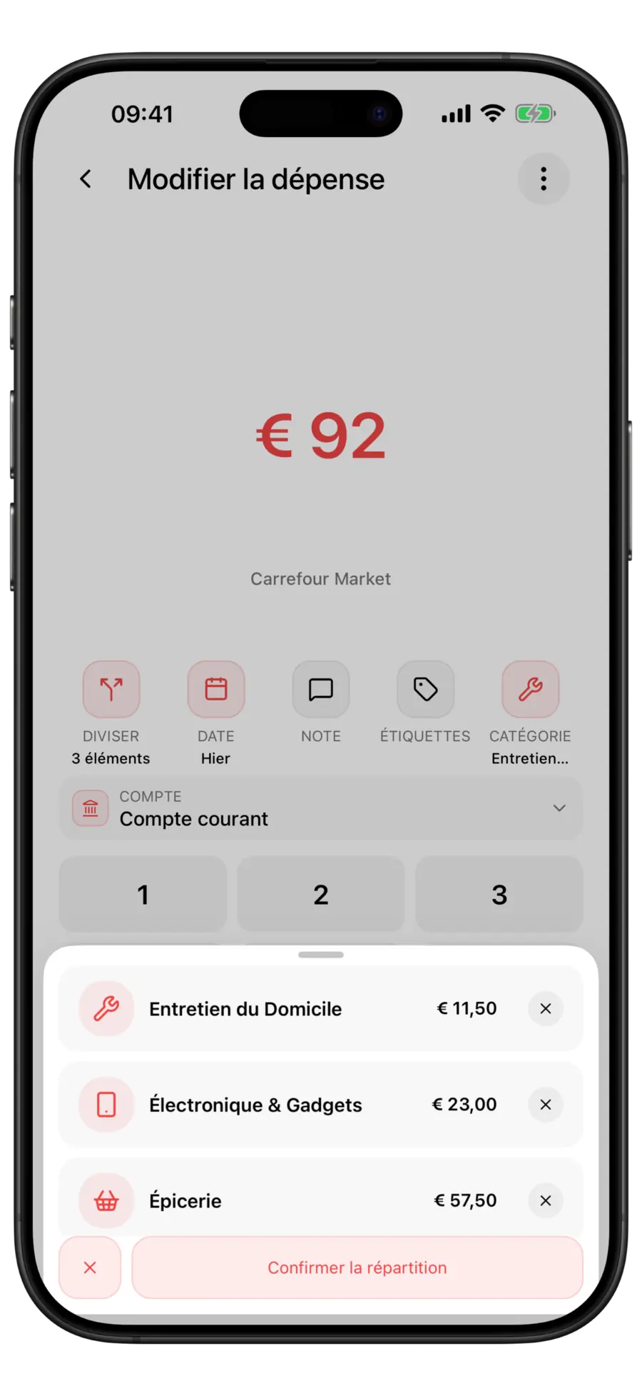 Éditeur de dépenses Budgie avec une transaction de 100 $ chez Whole Foods Market répartie en lignes Entretien de la maison, Électronique et gadgets et Courses