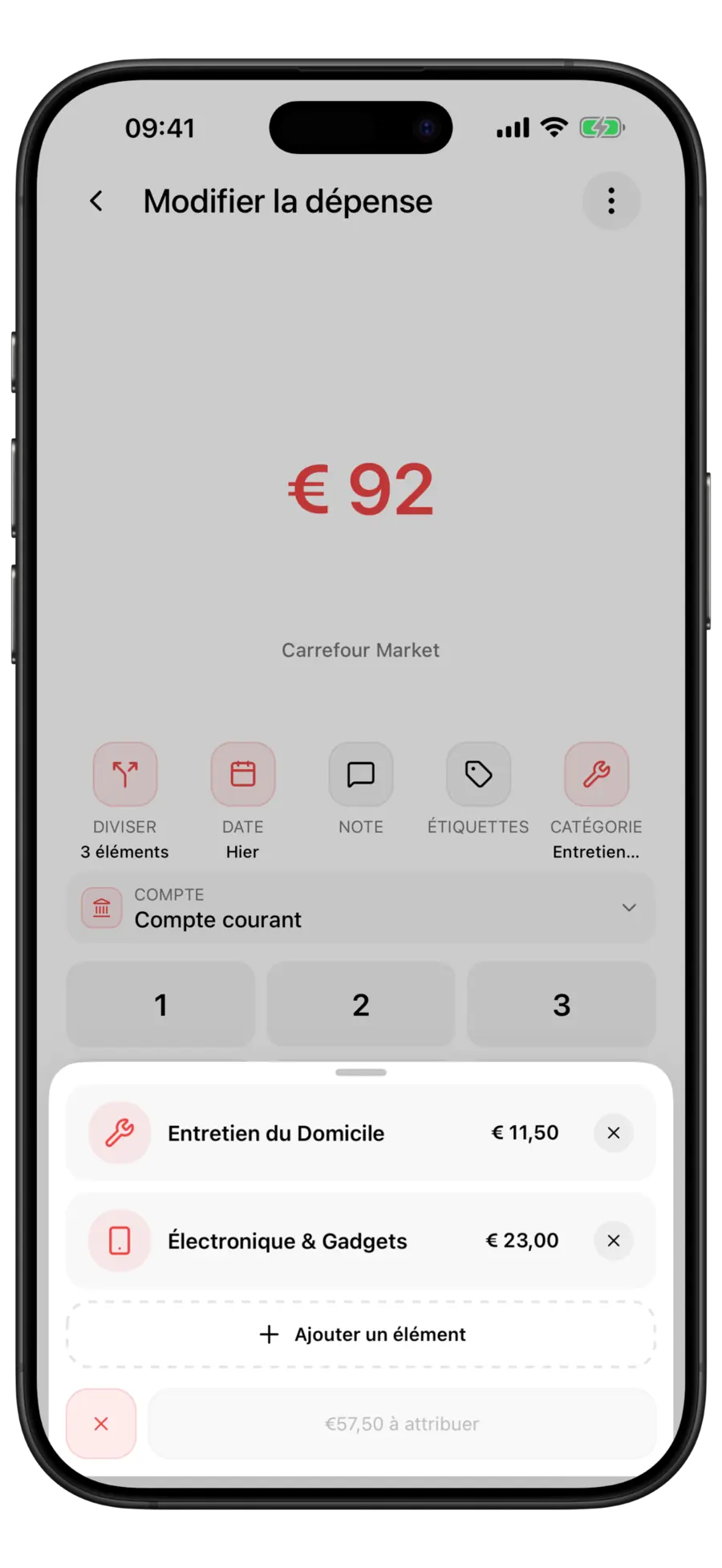 Feuille de répartition Budgie avec les lignes Entretien de la maison et Électronique et gadgets, un bouton Ajouter un élément et une étiquette 62,50 $ restant à attribuer