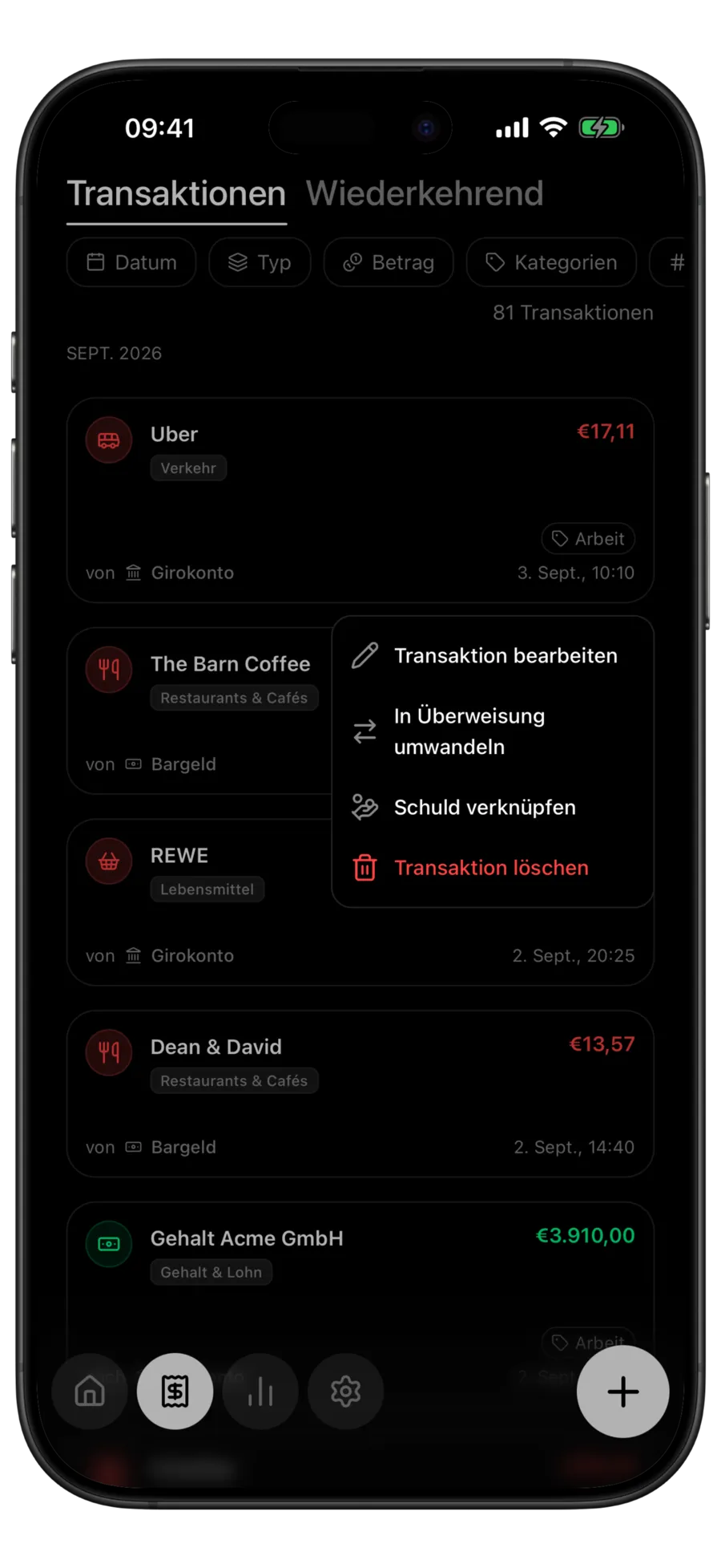 Budgie-Transaktionsliste mit geöffnetem Menü nach langem Drücken auf eine Transaktion, darin die Aktion „Schuld verknüpfen“