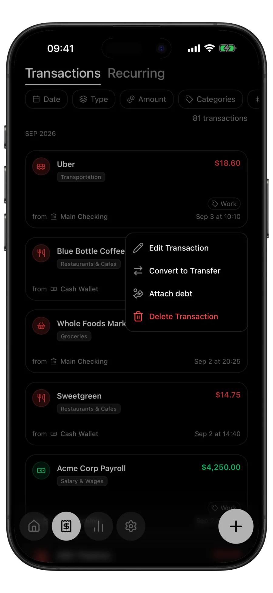 Budgie transaction list with a long-press menu open on a transaction, showing the Attach debt action