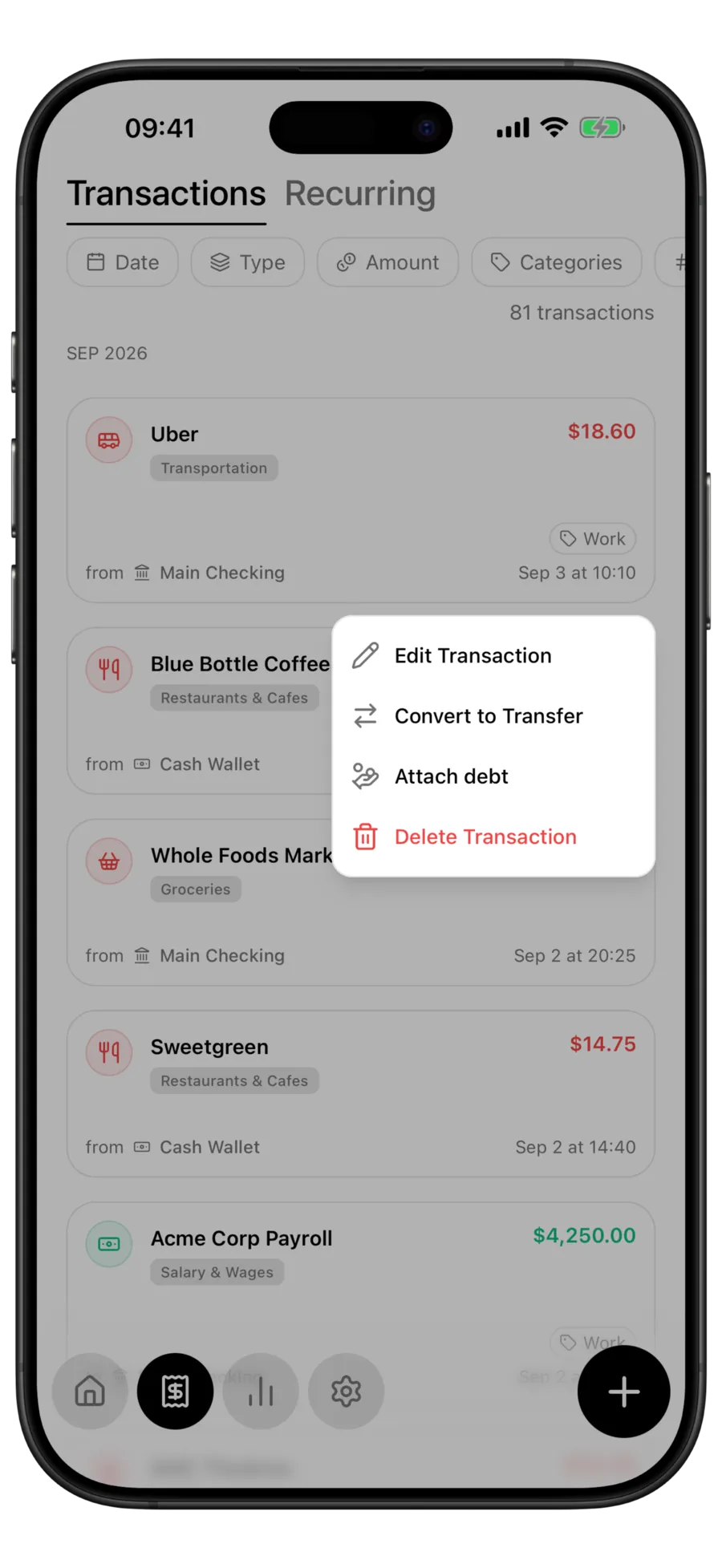 Budgie transaction list with a long-press menu open on a transaction, showing the Attach debt action