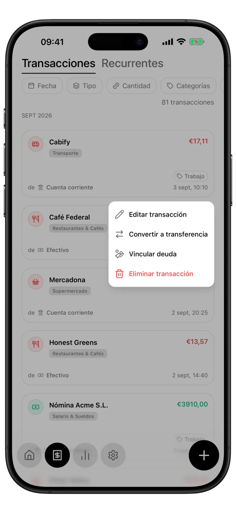 Lista de transacciones de Budgie con el menú abierto tras mantener pulsada una transacción, mostrando la acción «Vincular deuda»