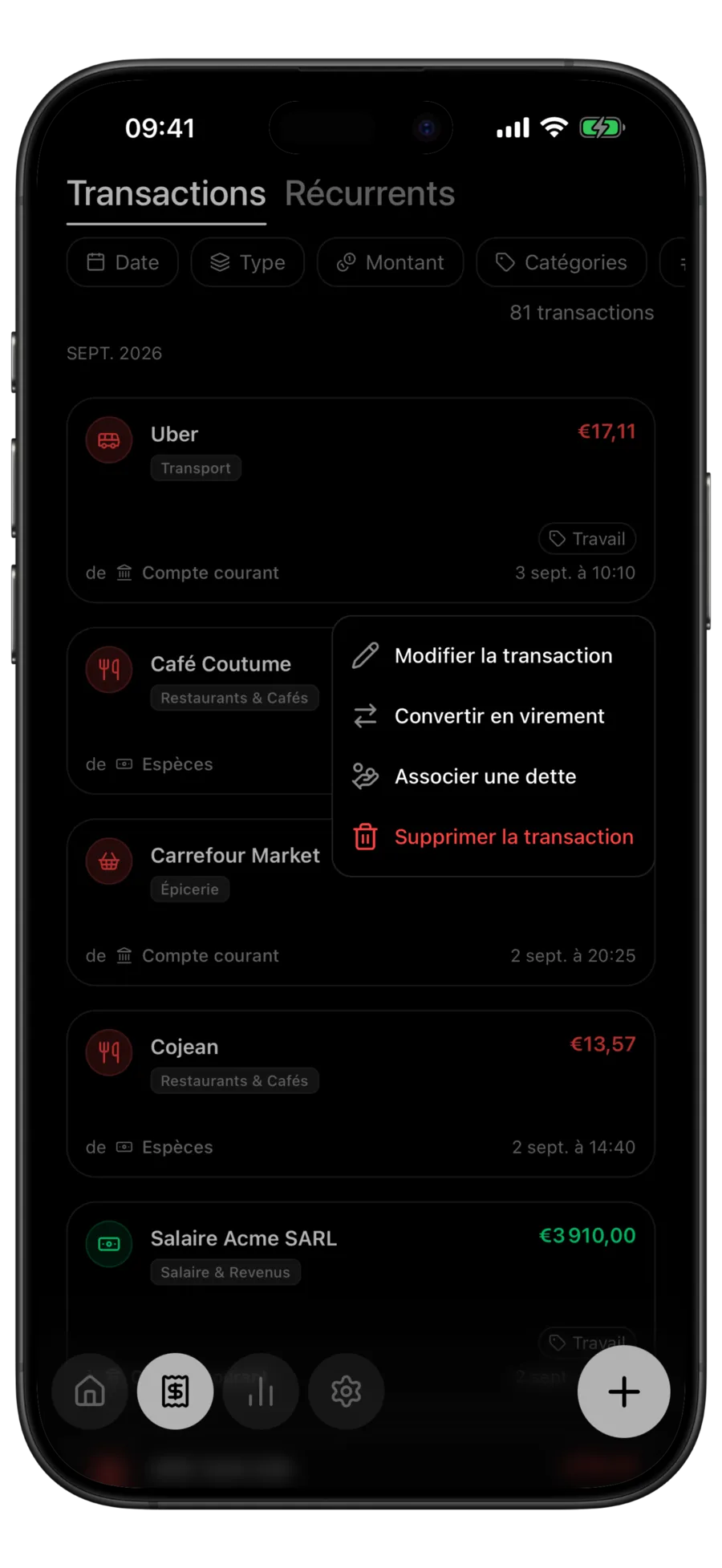 Liste des transactions de Budgie avec le menu ouvert par un appui long sur une transaction, montrant l’action « Associer une dette »