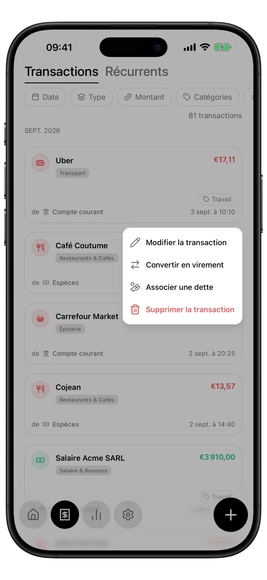 Liste des transactions de Budgie avec le menu ouvert par un appui long sur une transaction, montrant l’action « Associer une dette »
