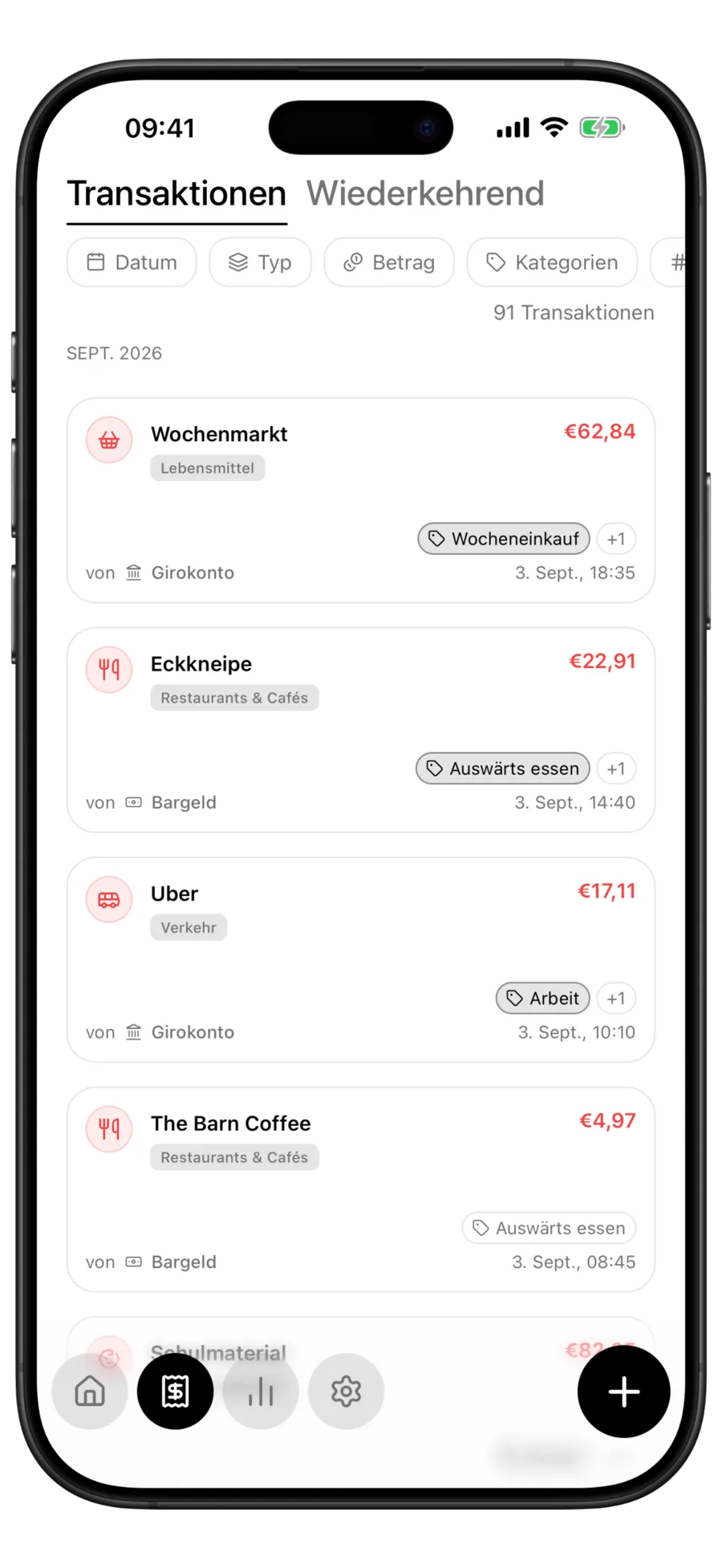Budgie-Transaktionsliste, in der jede Zeile neben Kategorie und Datum einen Tag-Chip zeigt