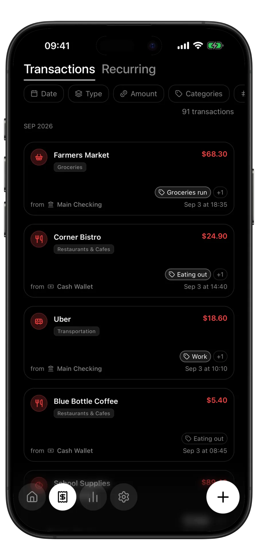 Budgie transaction list where each row shows a tag chip beside its category and date