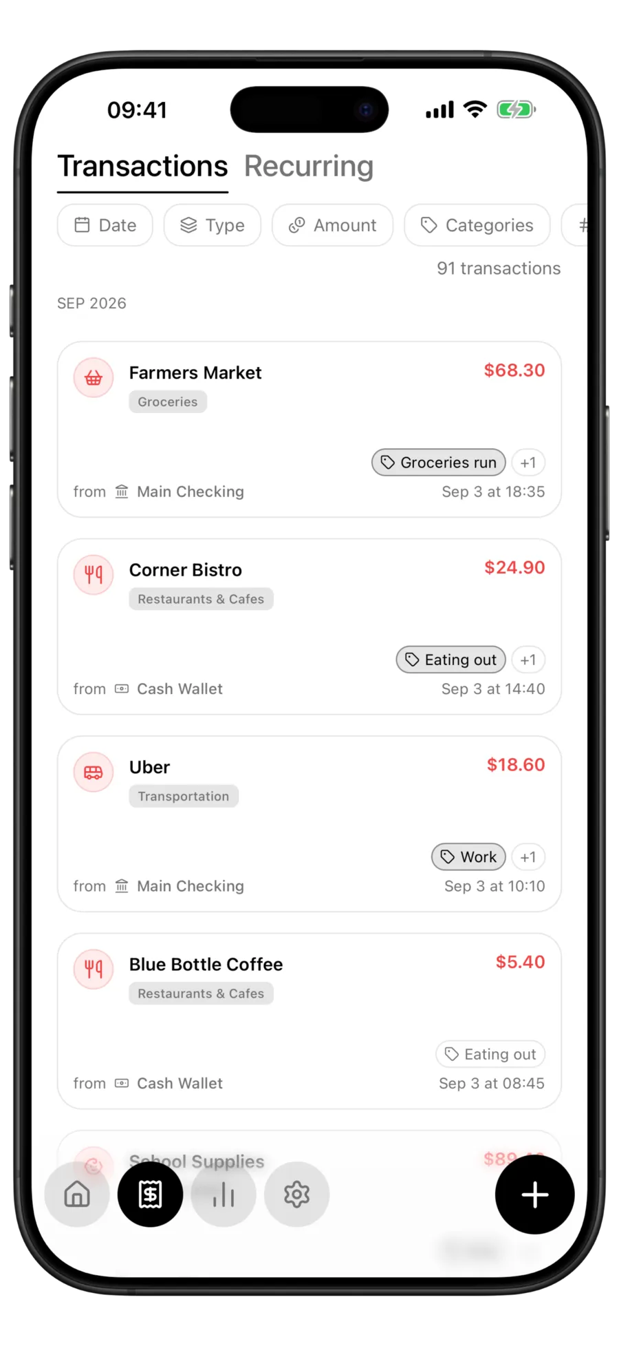 Budgie transaction list where each row shows a tag chip beside its category and date