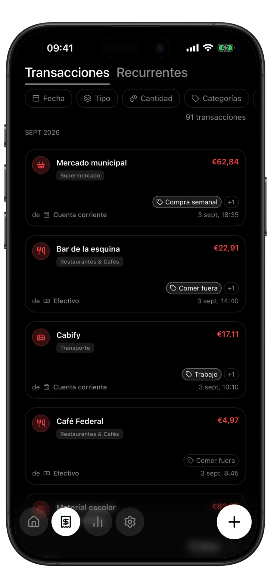 Lista de transacciones de Budgie donde cada fila muestra una etiqueta junto a su categoría y fecha