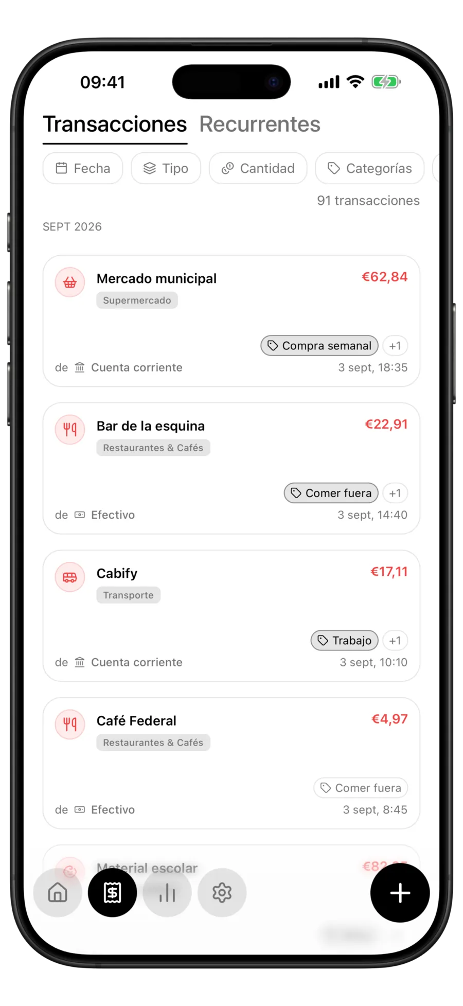 Lista de transacciones de Budgie donde cada fila muestra una etiqueta junto a su categoría y fecha
