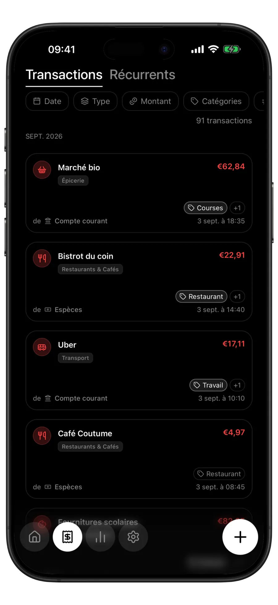 Liste des transactions Budgie où chaque ligne affiche une étiquette à côté de sa catégorie et de sa date