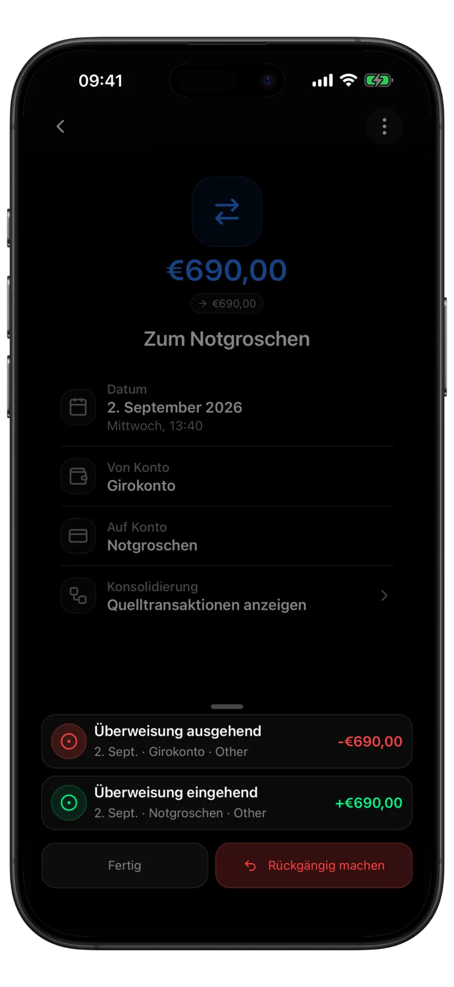 Budgie-Bildschirm einer zusammengeführten Überweisung mit dem Quellenblatt der Konsolidierung, das beide ursprünglichen Transaktionen über Fertig und Rückgängig auflistet