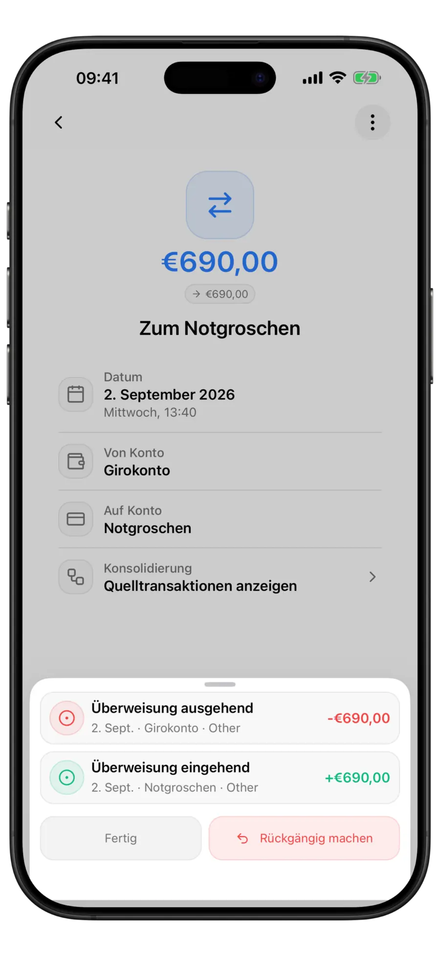 Budgie-Bildschirm einer zusammengeführten Überweisung mit dem Quellenblatt der Konsolidierung, das beide ursprünglichen Transaktionen über Fertig und Rückgängig auflistet