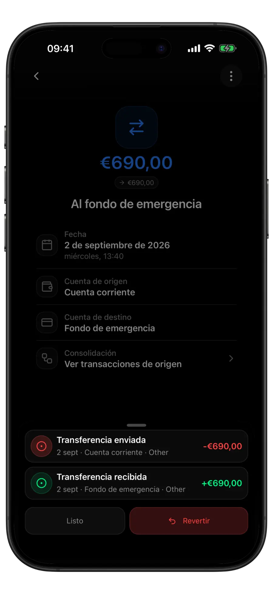 Pantalla de transferencia fusionada de Budgie con la hoja de orígenes de la consolidación que muestra las dos transacciones originales sobre Hecho y Revertir