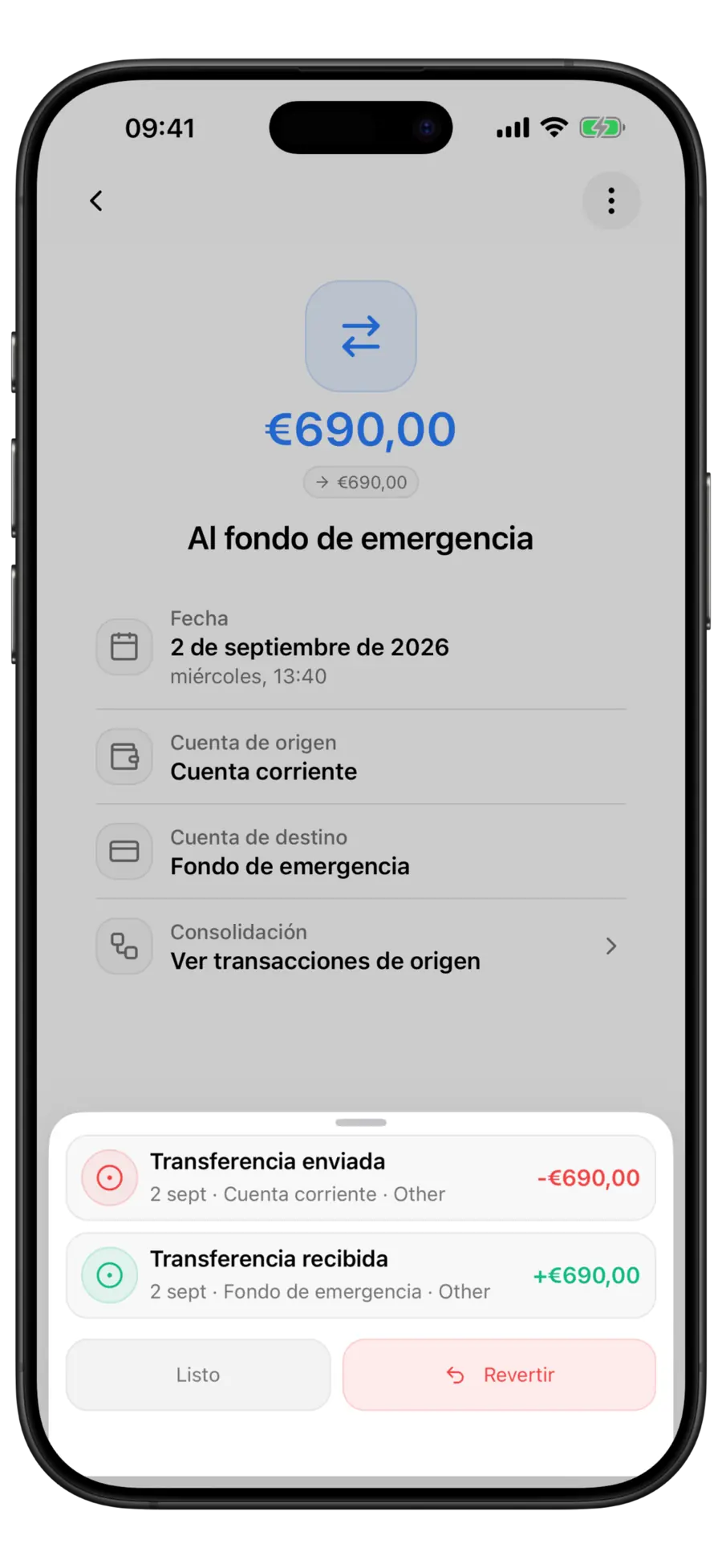 Pantalla de transferencia fusionada de Budgie con la hoja de orígenes de la consolidación que muestra las dos transacciones originales sobre Hecho y Revertir