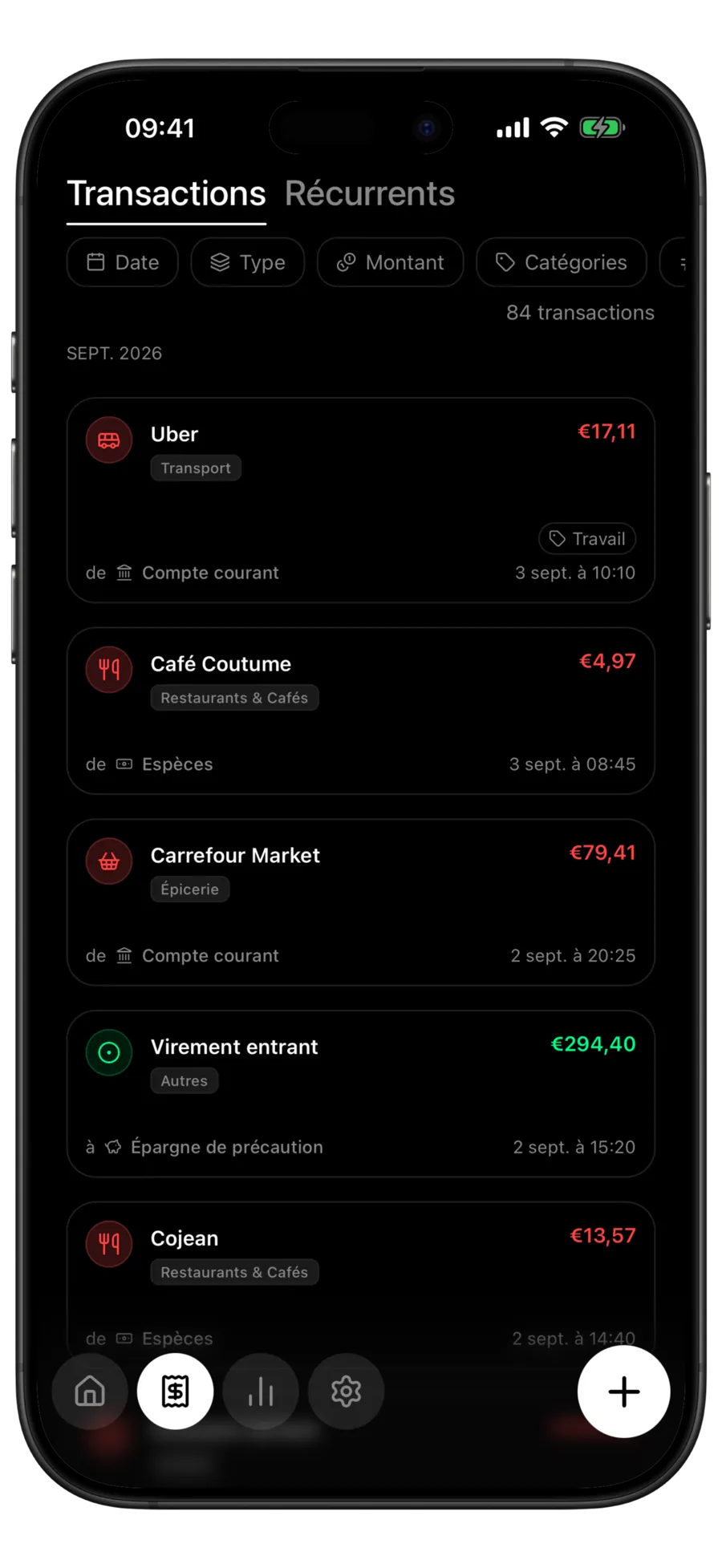 Liste des transactions de Budgie où une paire de virements détectée apparaît comme une seule ligne de virement entrant nommant le compte de destination