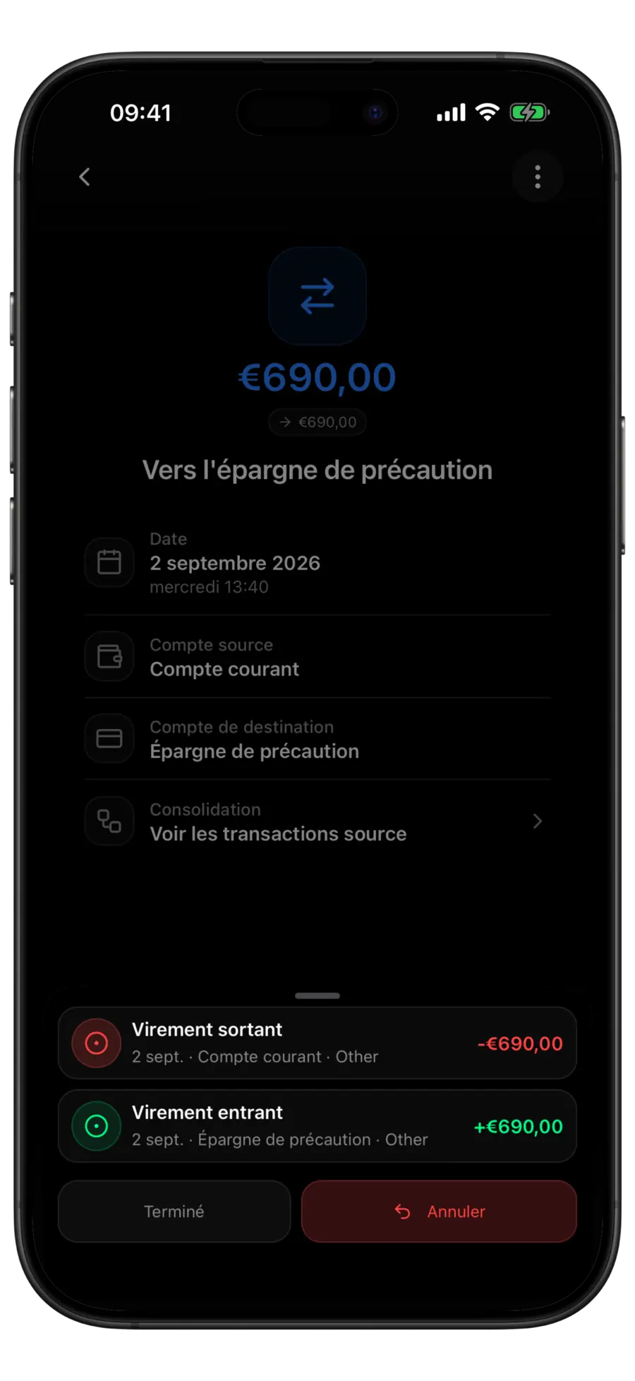Écran de virement fusionné de Budgie avec la feuille des sources de consolidation listant les deux transactions d'origine au-dessus de Terminé et Annuler la fusion