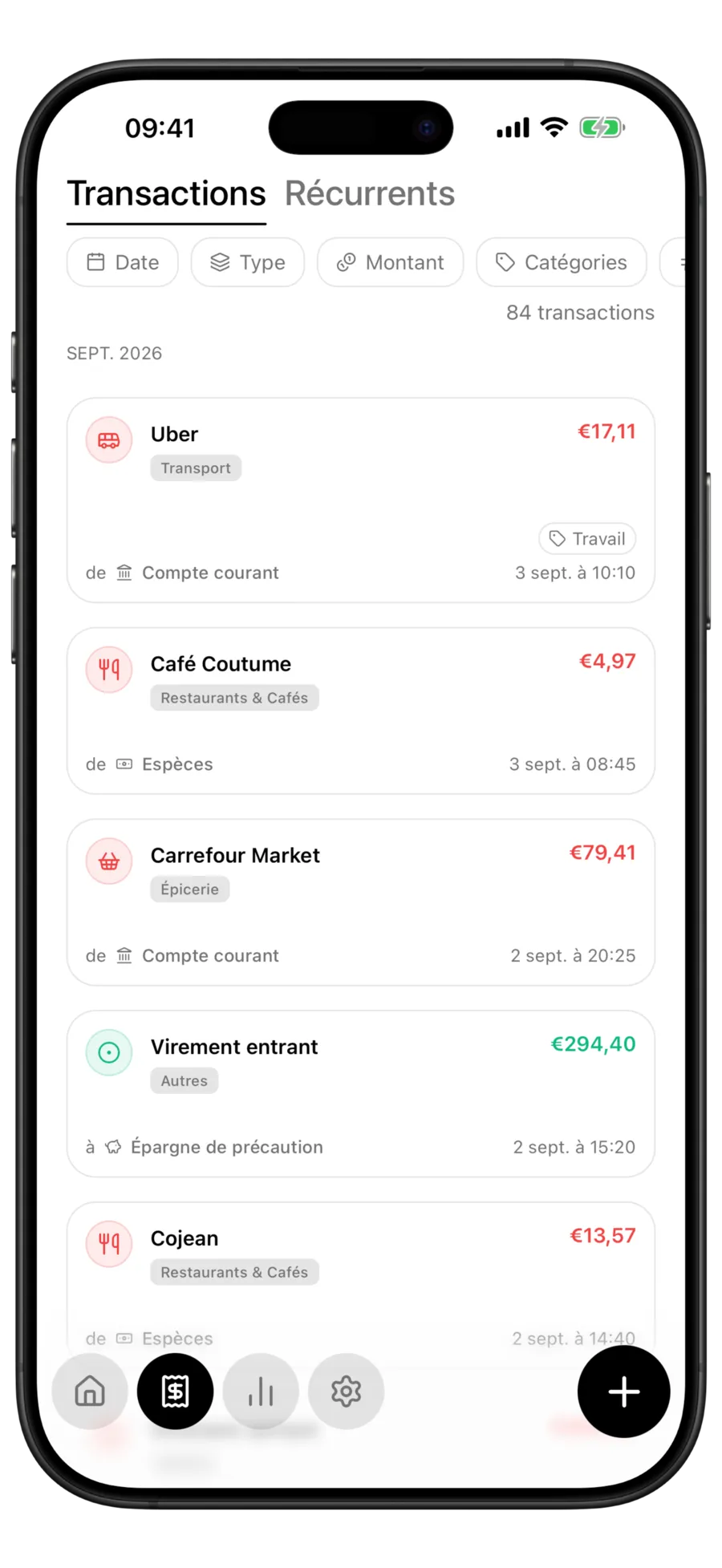 Liste des transactions de Budgie où une paire de virements détectée apparaît comme une seule ligne de virement entrant nommant le compte de destination