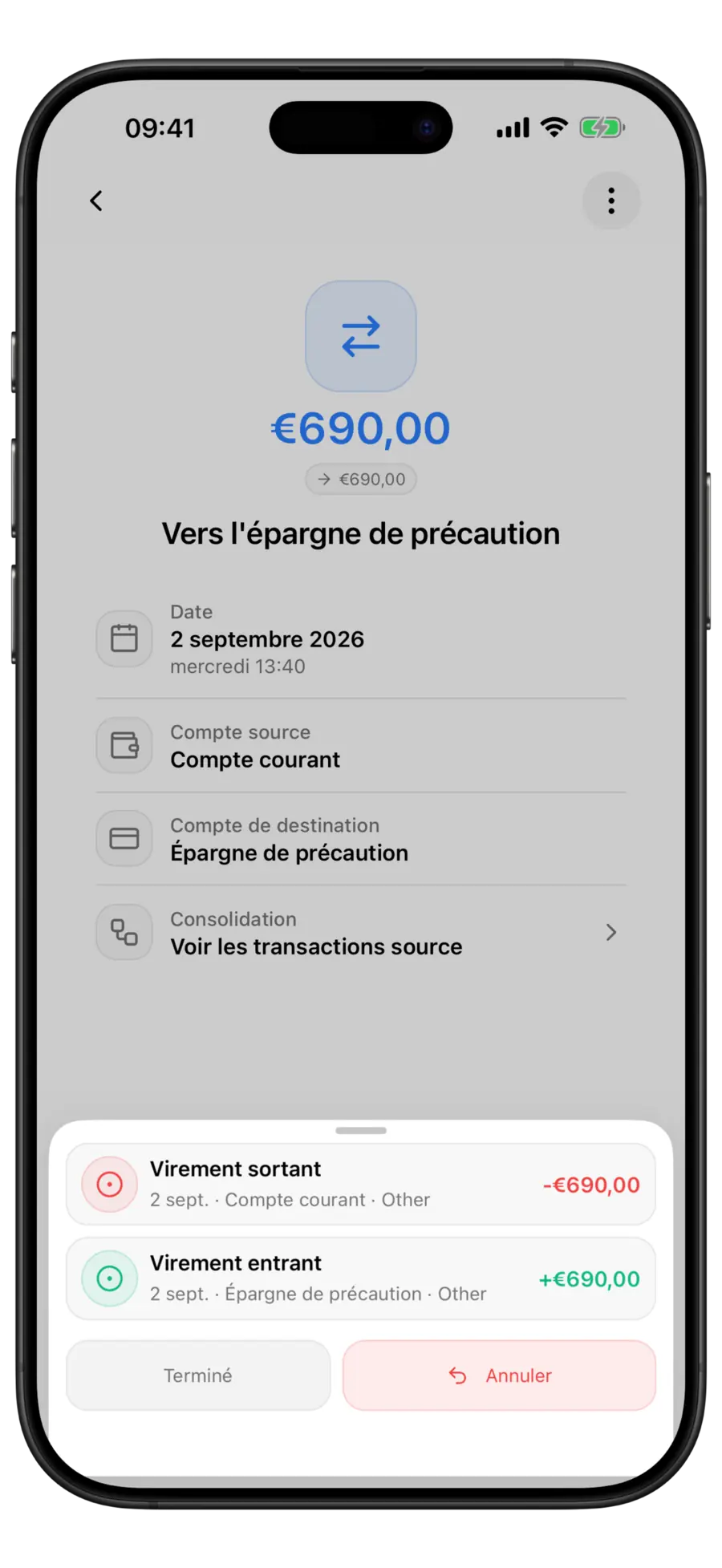 Écran de virement fusionné de Budgie avec la feuille des sources de consolidation listant les deux transactions d'origine au-dessus de Terminé et Annuler la fusion