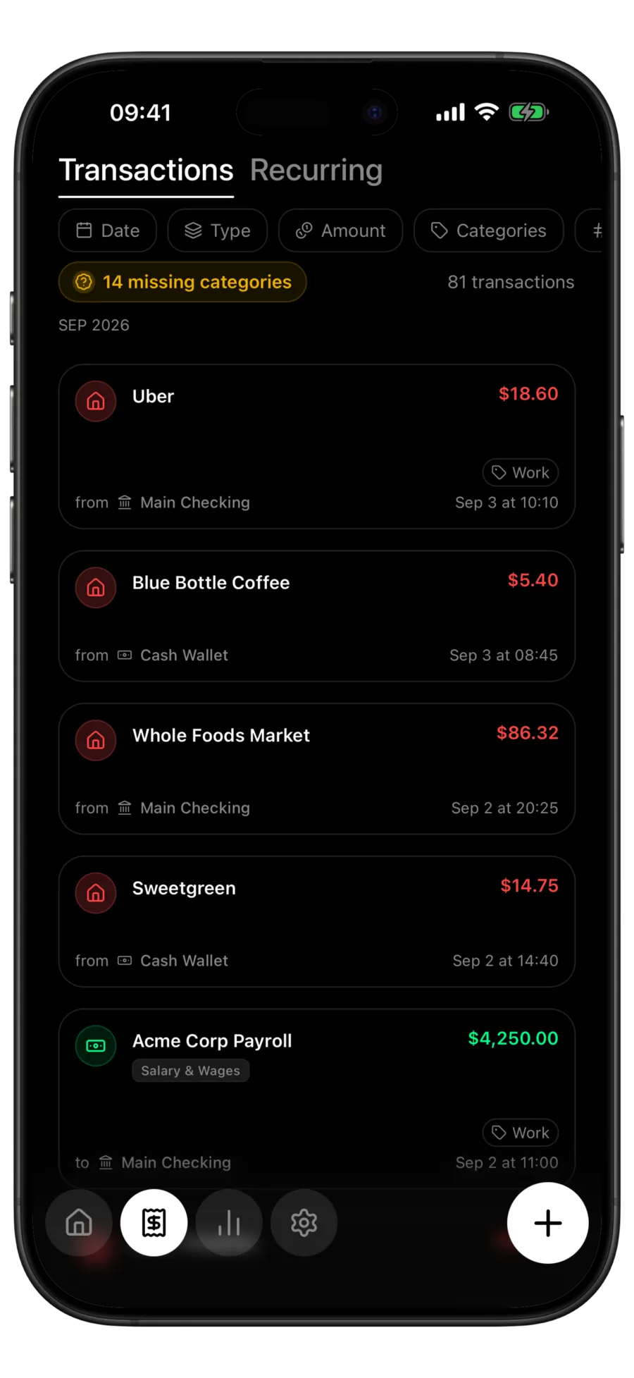 Budgie transaction list with a 14 missing categories pill above rows that carry no category chip