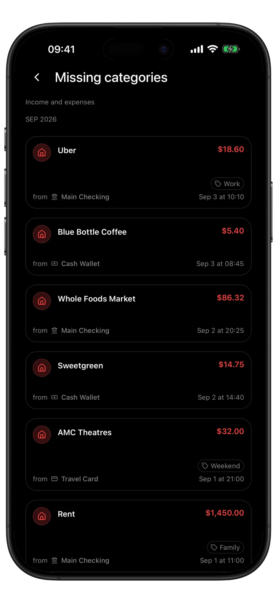 Budgie Missing categories screen listing income and expense rows that still have no category
