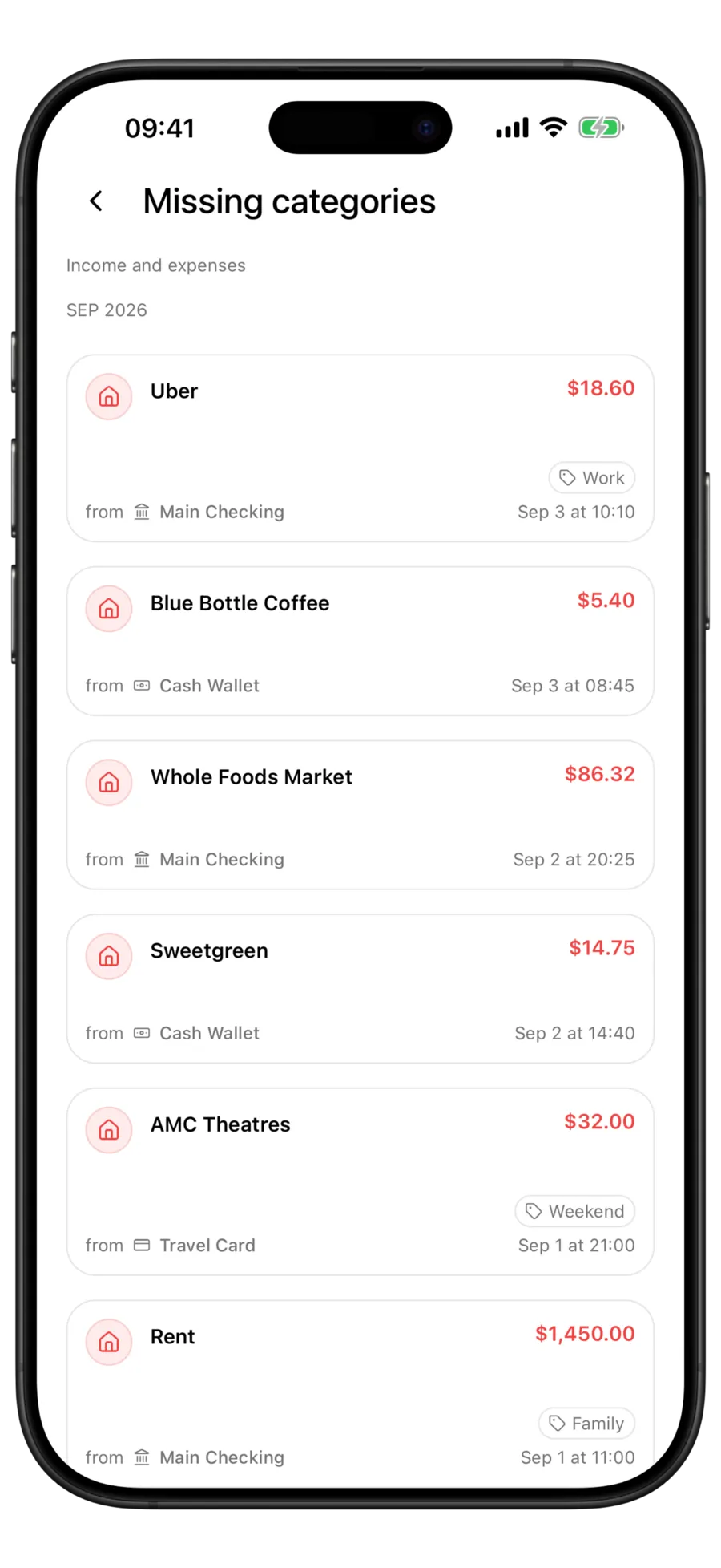 Budgie Missing categories screen listing income and expense rows that still have no category