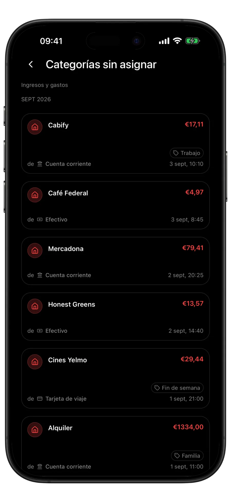 Pantalla «Categorías sin asignar» de Budgie con filas de ingresos y gastos que aún no tienen categoría
