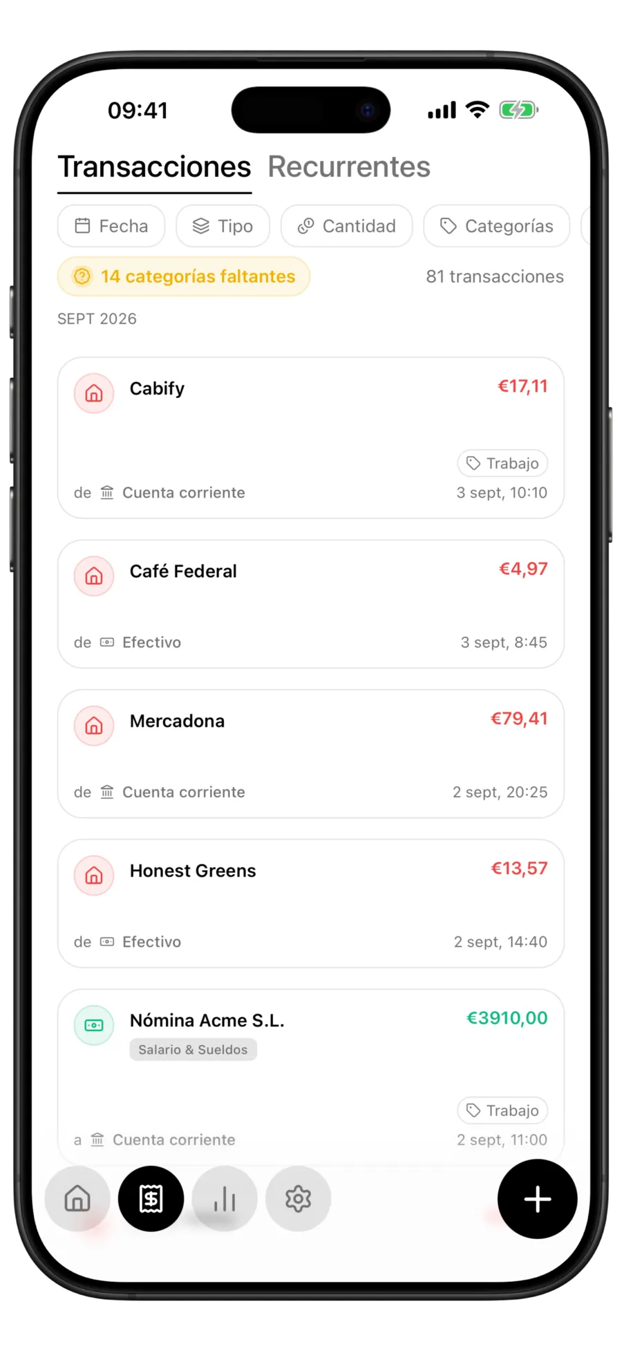 Lista de transacciones de Budgie con la píldora «14 categorías faltantes» sobre filas sin chip de categoría