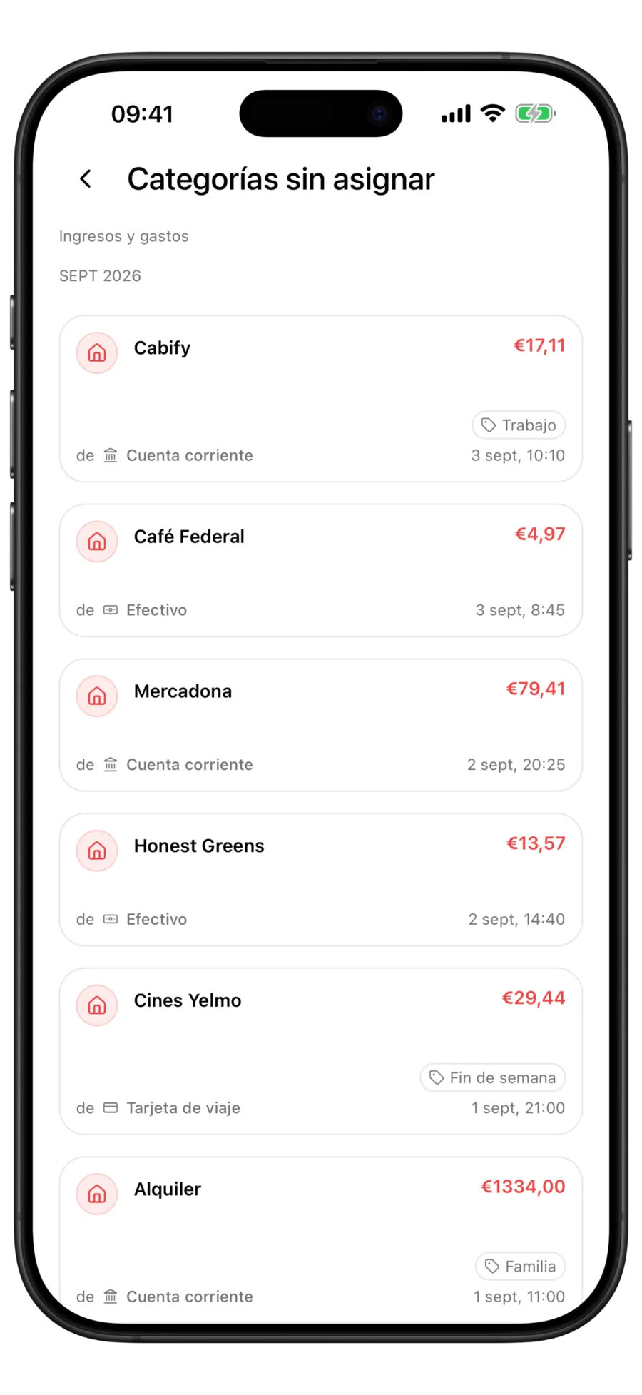 Pantalla «Categorías sin asignar» de Budgie con filas de ingresos y gastos que aún no tienen categoría