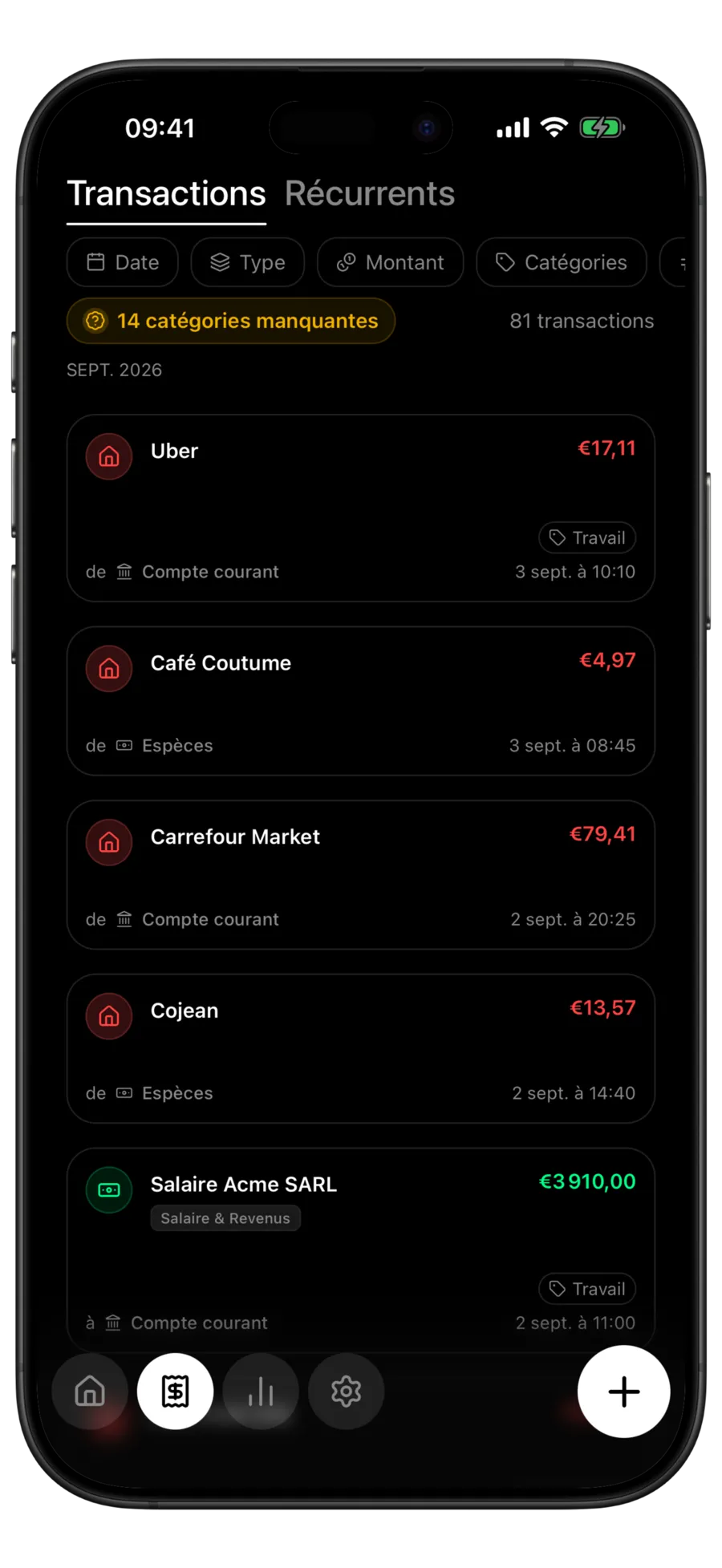 Liste des transactions de Budgie avec la pastille « 14 catégories manquantes » au-dessus de lignes sans chip de catégorie