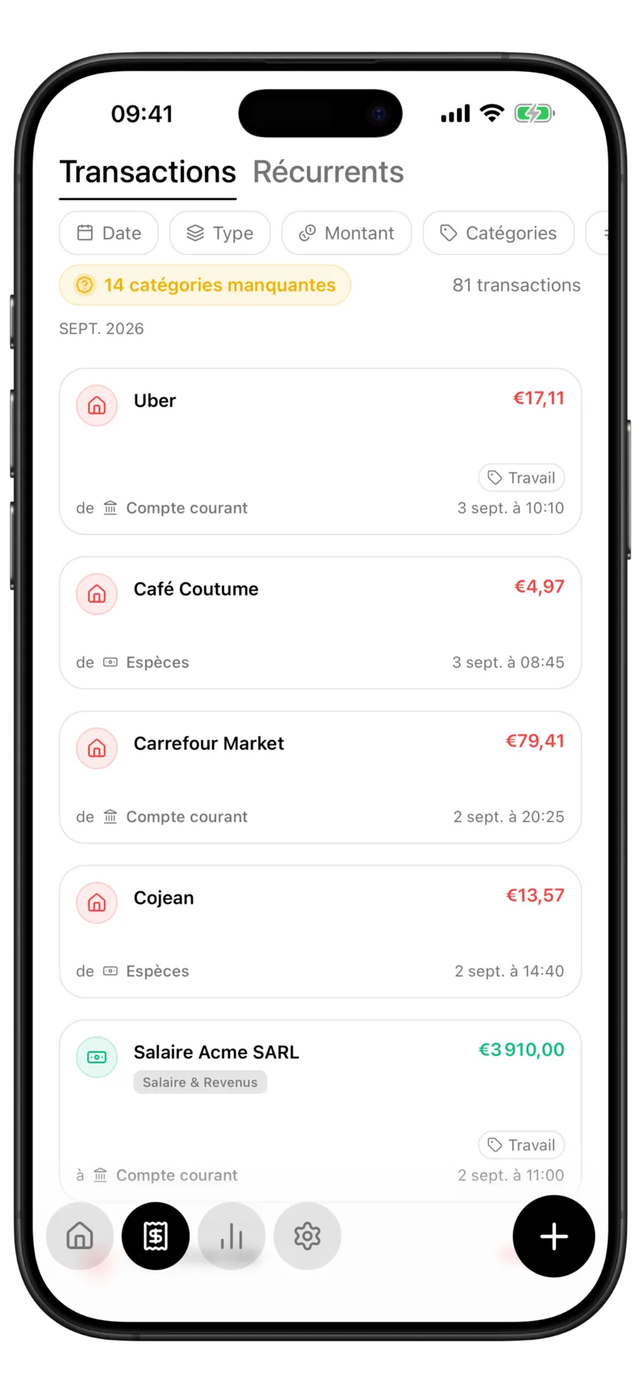 Liste des transactions de Budgie avec la pastille « 14 catégories manquantes » au-dessus de lignes sans chip de catégorie
