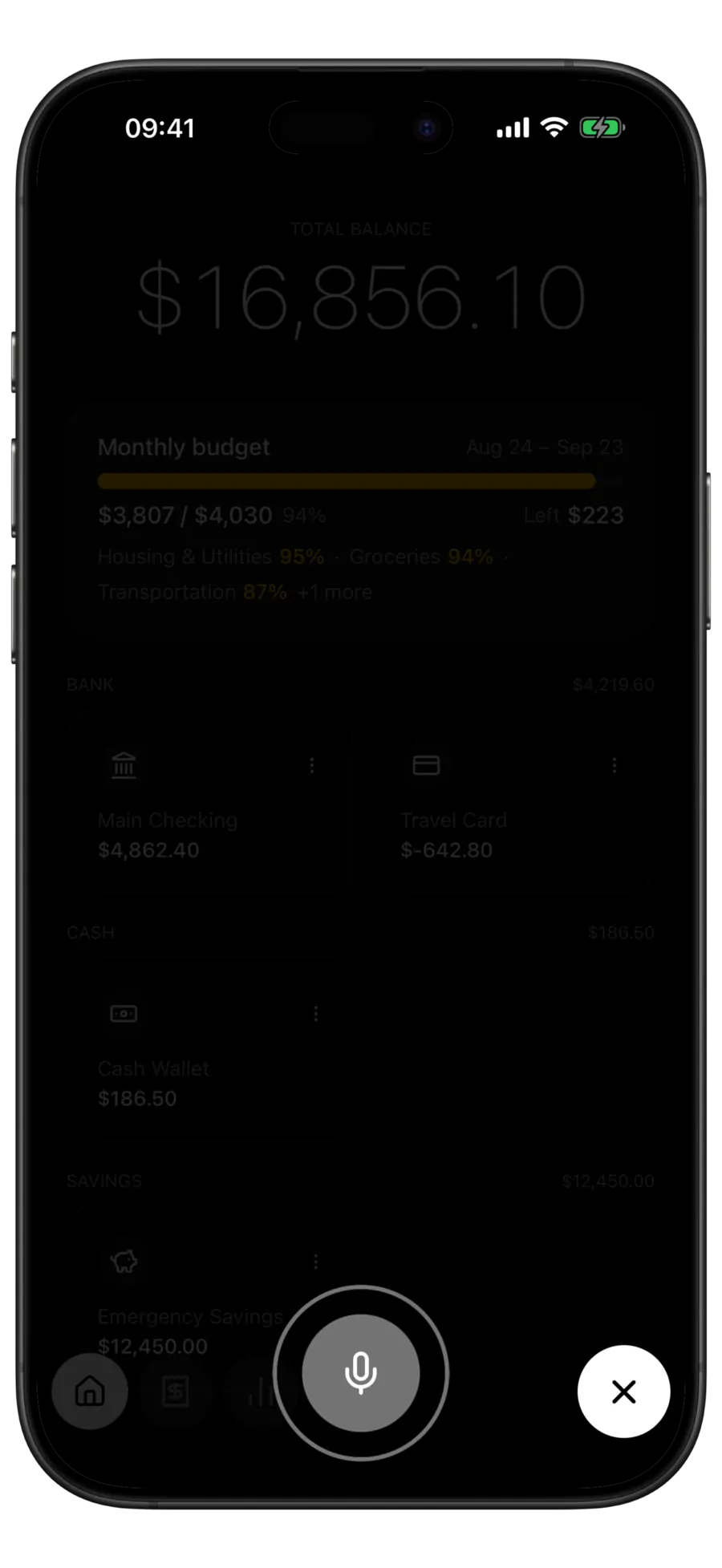 Budgie home screen with a microphone button recording a voice entry over the accounts list