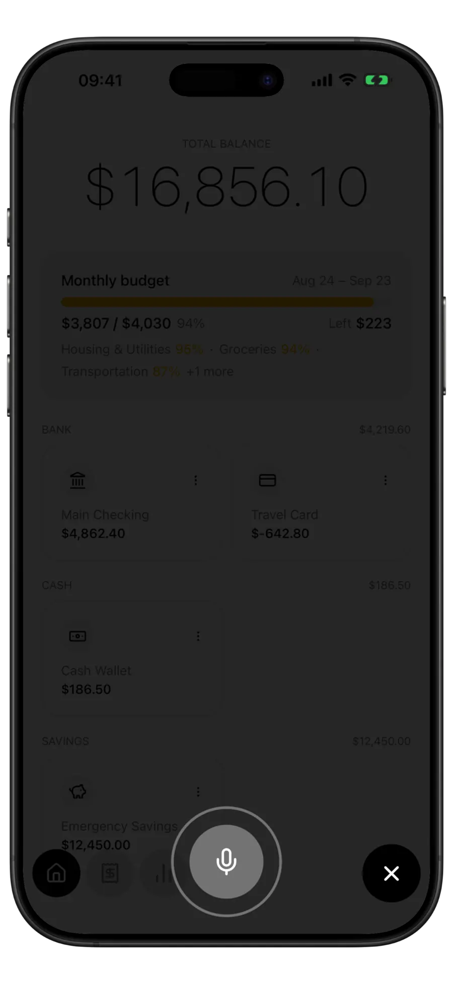 Budgie home screen with a microphone button recording a voice entry over the accounts list